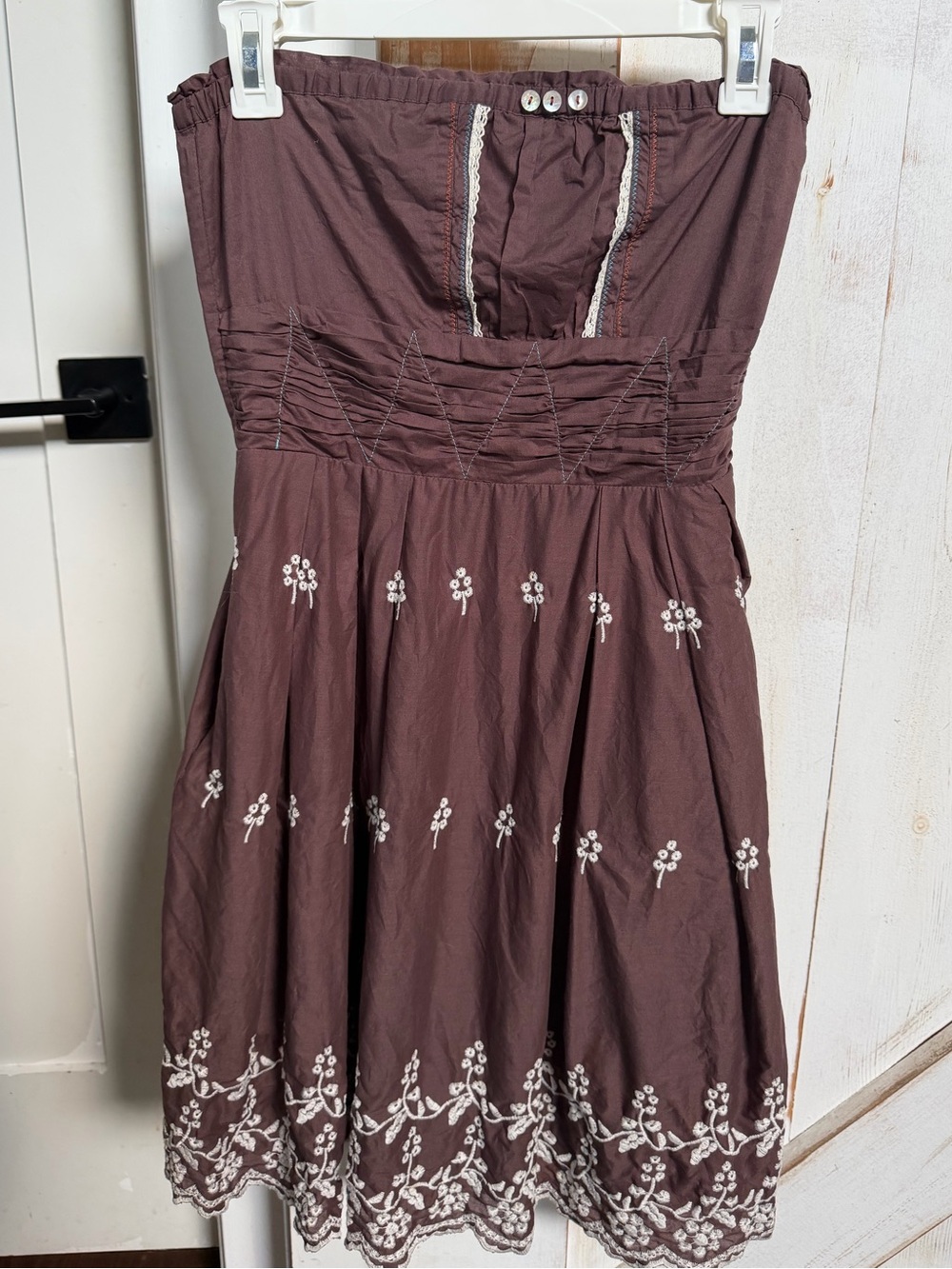 Anthropologie Strapless Embroidered Brown Cotton Dress 0179